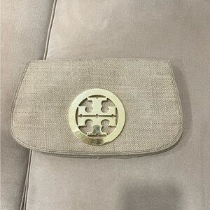Tory Burch Gold Logo Beige Clutch